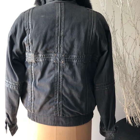 Denim & Leather Jacket with Real Opposum Fur Vintage Jacket - Picture 2 of 8